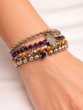 Vtg Lot of Five Beaded Wire Wrapped Rhinestone Chain Hamsa Bracelets